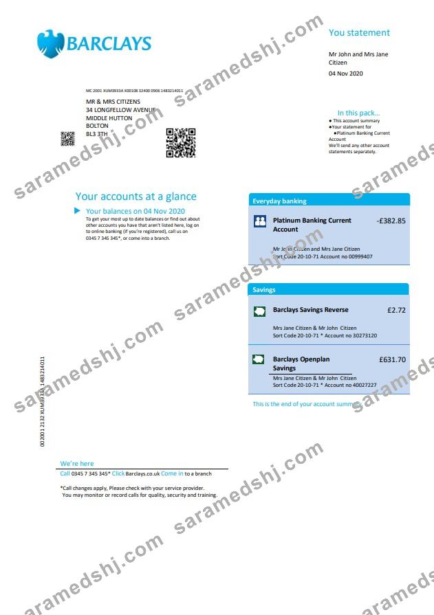 United Kingdom Barclays bank statement template in .doc and .pdf format, version 2